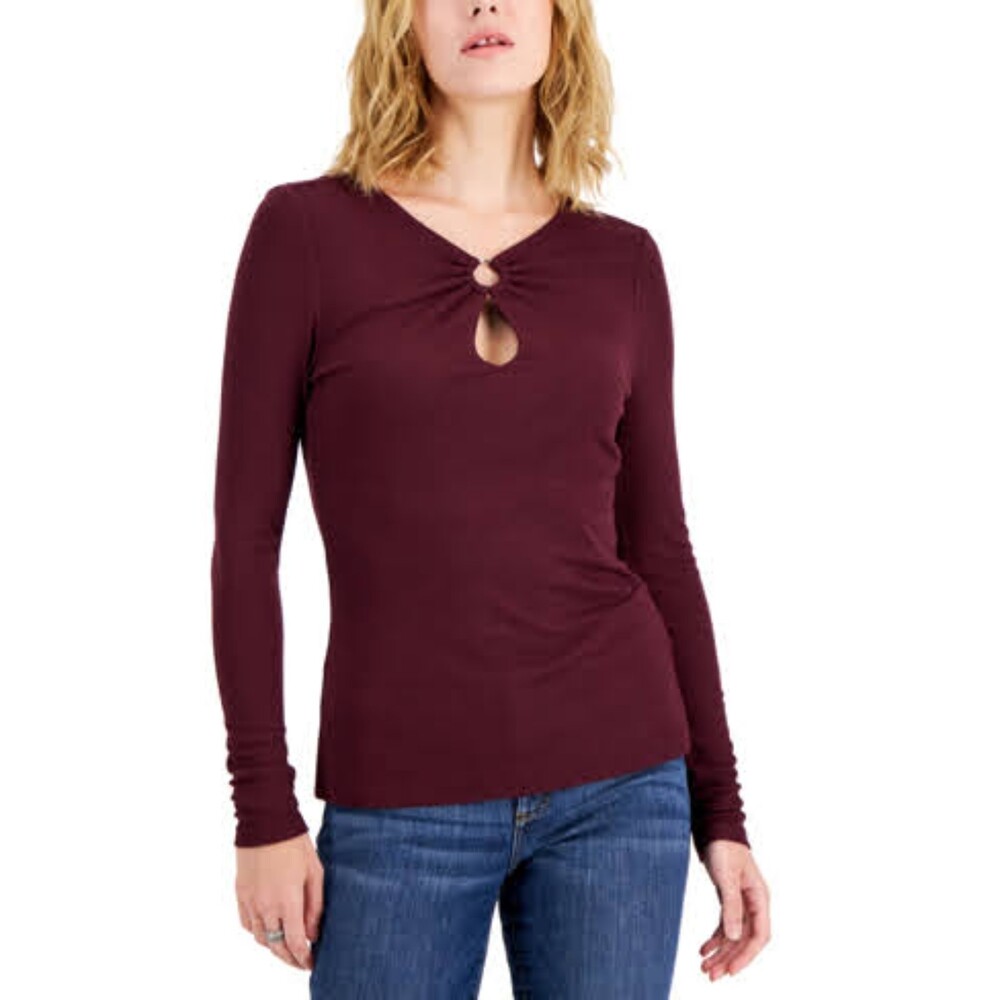 INC International Concepts Ribbed Ring-Keyhole Long Sleeve Top Burgundy Size L